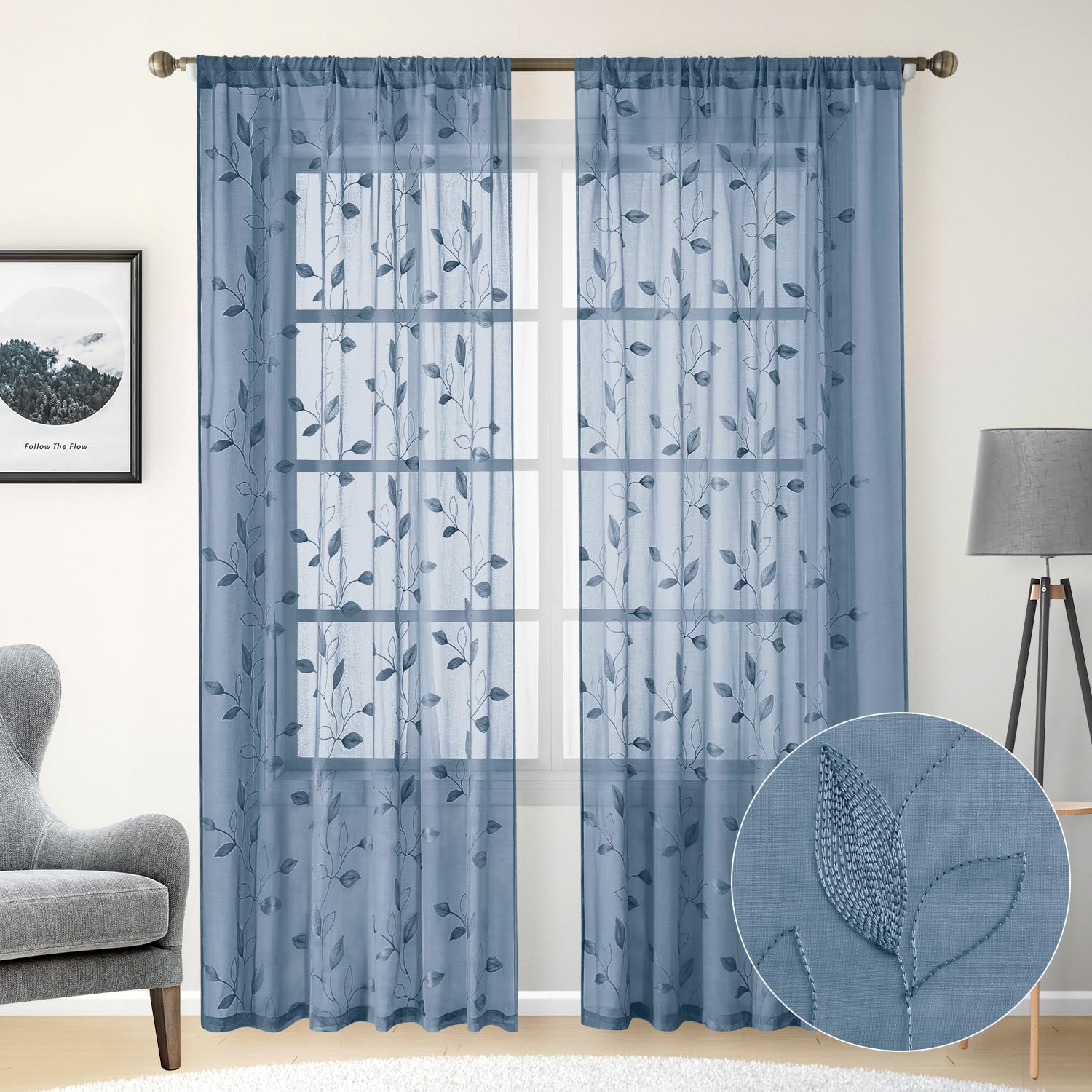 Homeideas Stone Blue Floral Sheer Curtains 96 Inches Long 2 Panels Embroidered Sheer Pattern Curtains Semi Sheer Window Curtains For Bedroom Living Room